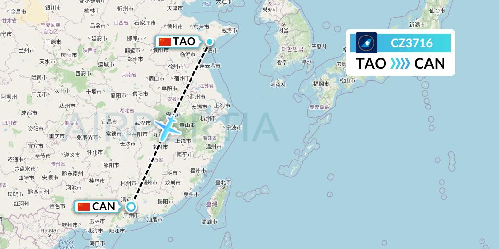 CZ3716 China Southern Airlines Flight Map: Qingdao to Guangzhou