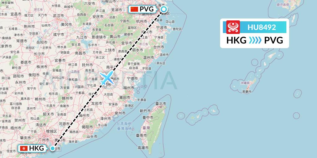 HU8492 Hainan Airlines Flight Map: Hong Kong to Shanghai