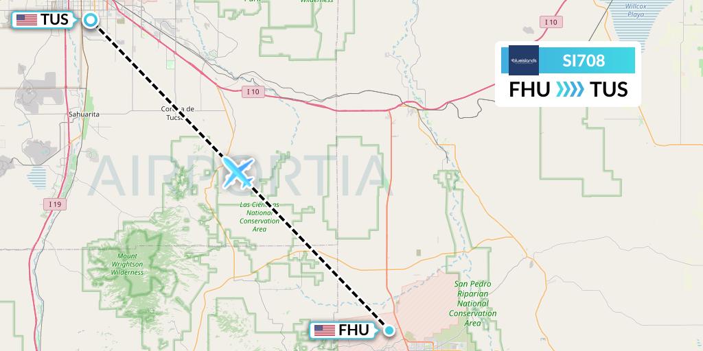 SI708 Blue Islands Flight Map: Fort Huachuca Sierra Vista to Tucson