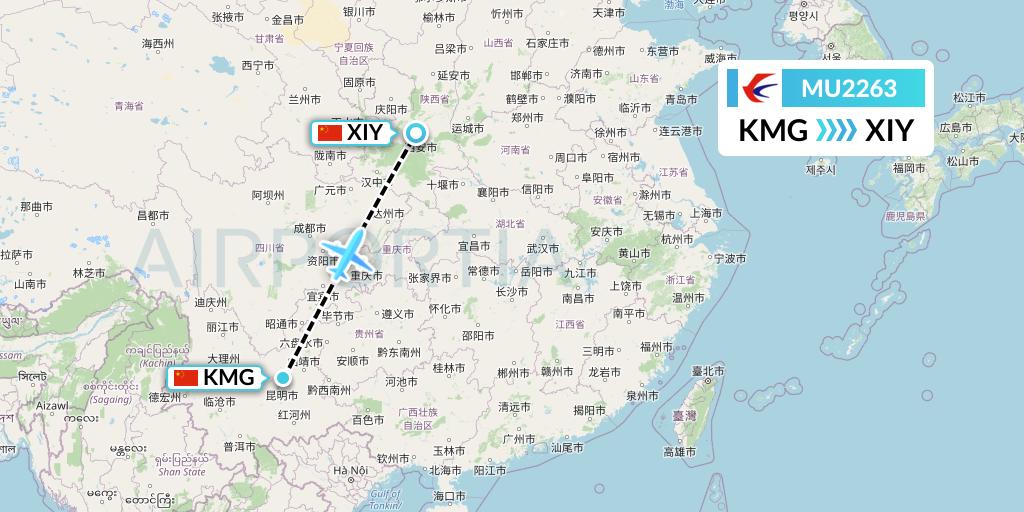 MU2263 China Eastern Airlines Flight Map: Kunming to Xi'an