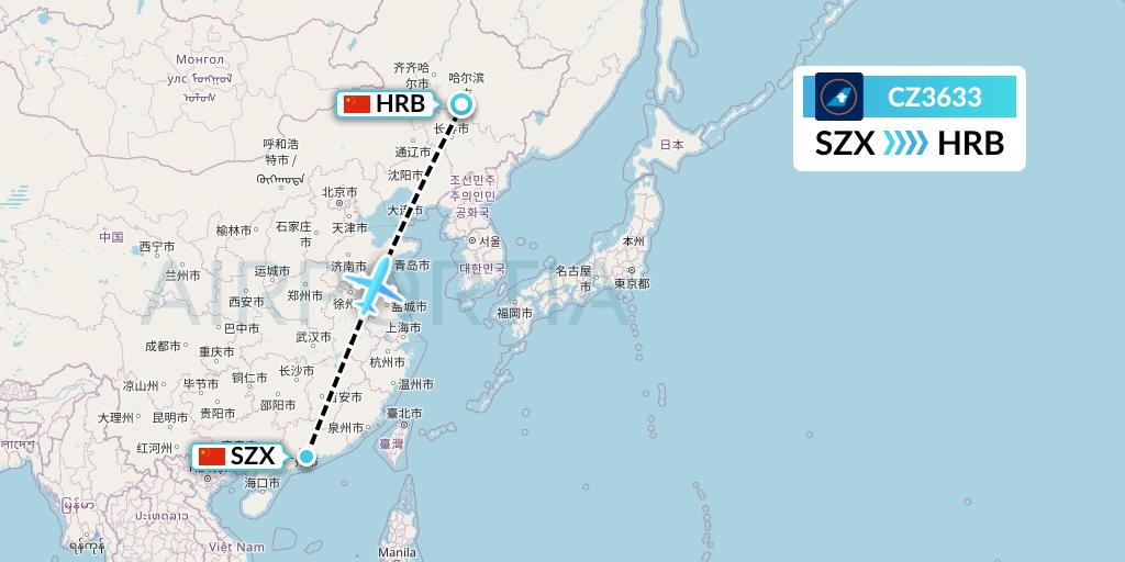 CZ3633 China Southern Airlines Flight Map: Shenzhen to Harbin