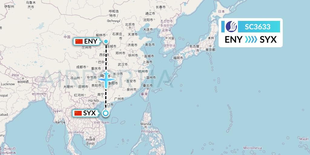 SC3633 Shandong Airlines Flight Map: Yan'an to Sanya