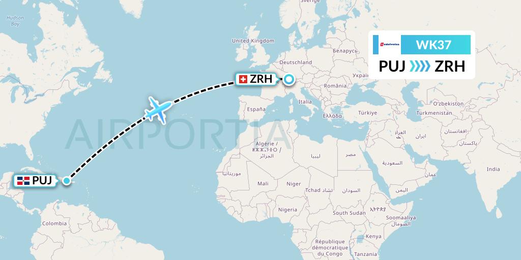 WK37 Edelweiss Air Flight Map: Punta Cana to Zurich