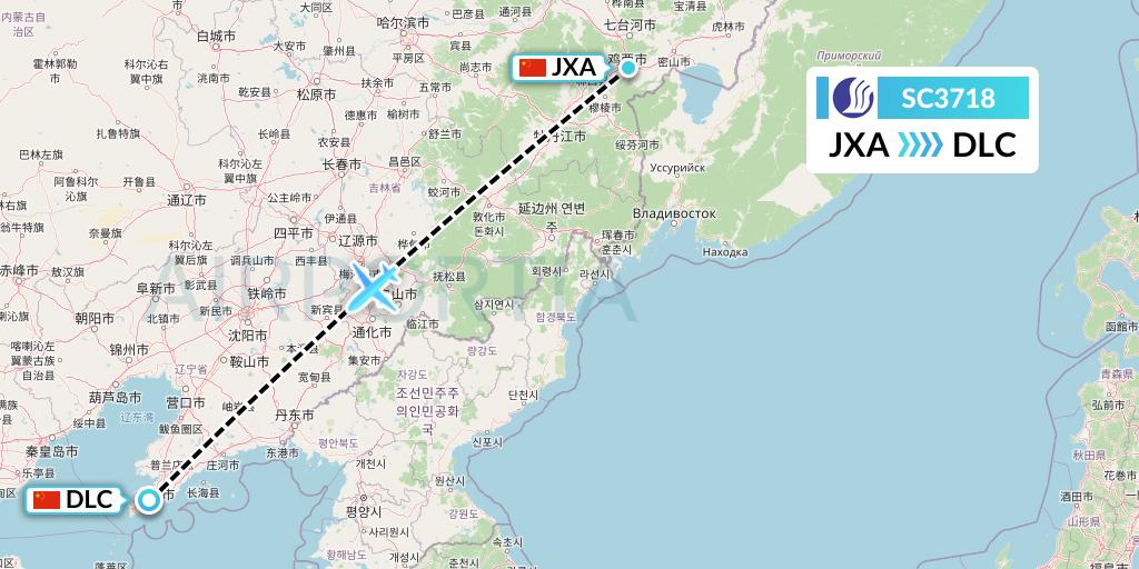 SC3718 Shandong Airlines Flight Map: Jixi to Dalian