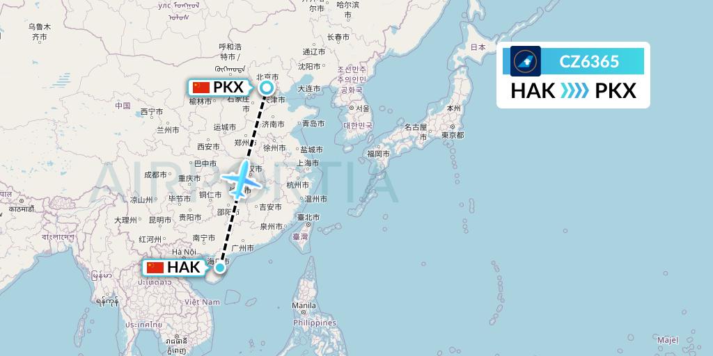 CZ6365 China Southern Airlines Flight Map: Haikou to Beijing