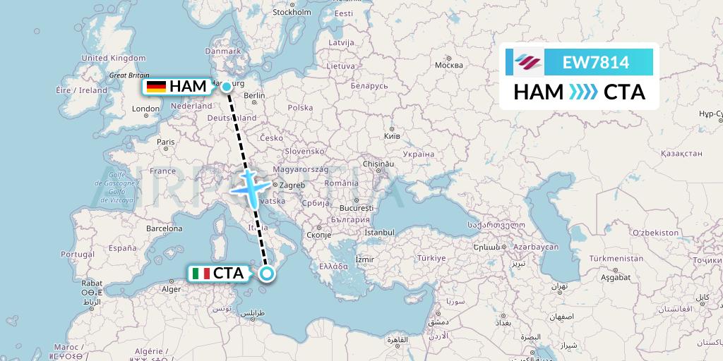 EW7814 Eurowings Flight Map: Hamburg to Catania