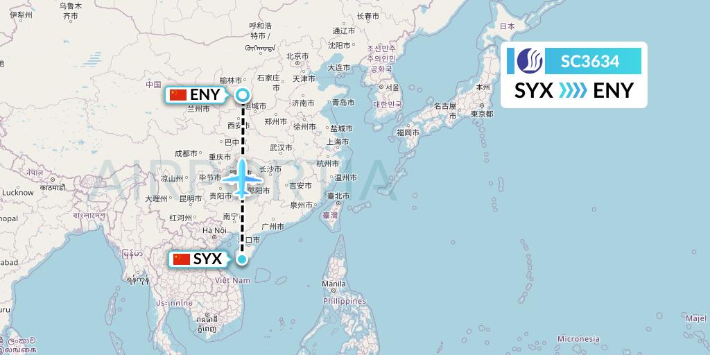 SC3634 Shandong Airlines Flight Map: Sanya to Yan'an