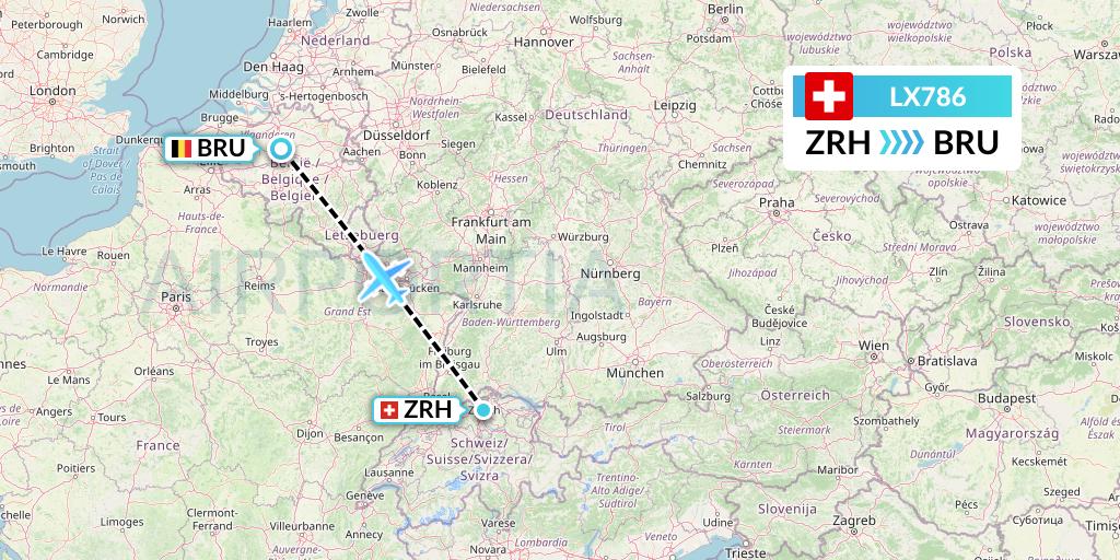 LX786 Swiss Flight Map: Zurich to Brussels
