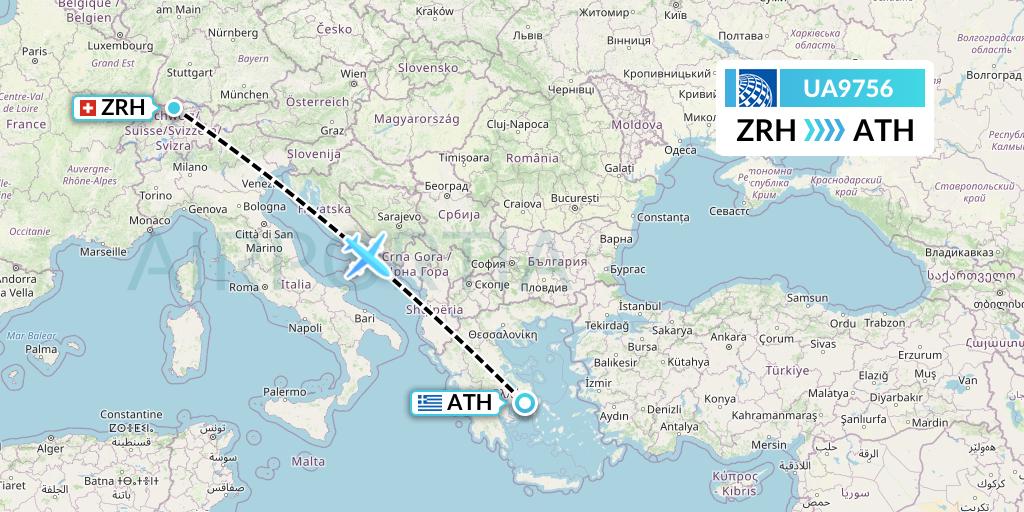 UA9756 United Airlines Flight Map: Zurich to Athens