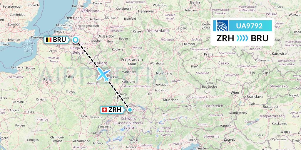 UA9792 United Airlines Flight Map: Zurich to Brussels