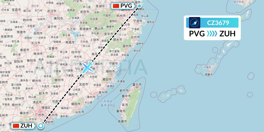 CZ3679 China Southern Airlines Flight Map: Shanghai to Zhuhai