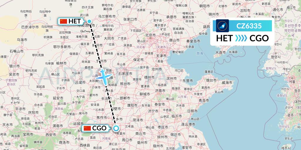 CZ6335 China Southern Airlines Flight Map: Hohhot to Zhengzhou