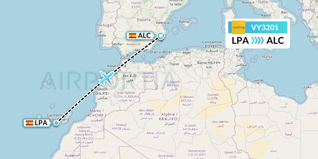 VY3201 Vueling Flight Map: Las Palmas to Alicante