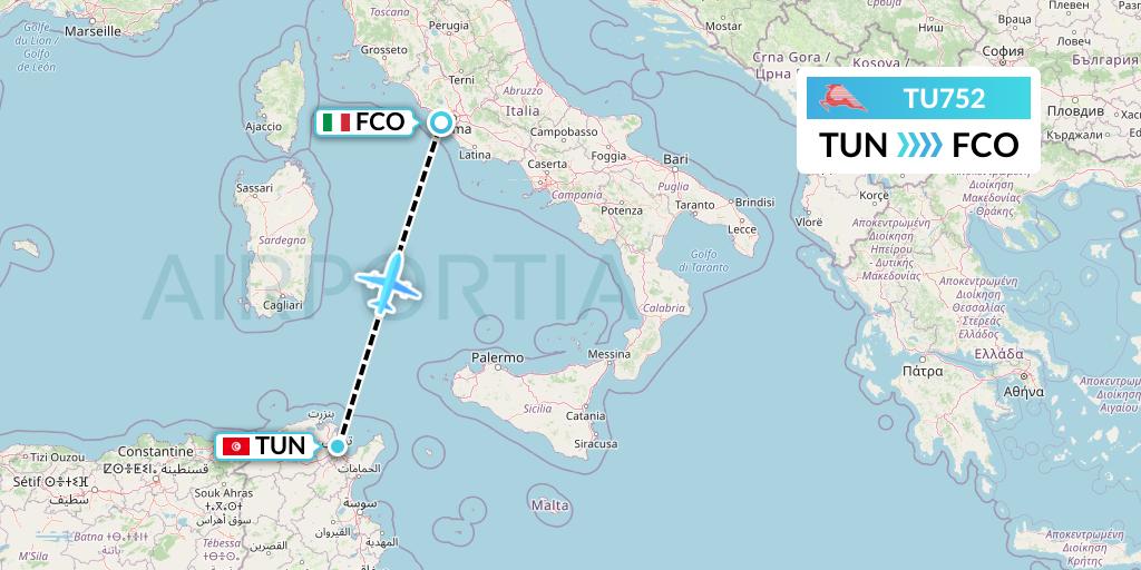 TU752 Tunisair Flight Map: Tunis to Rome