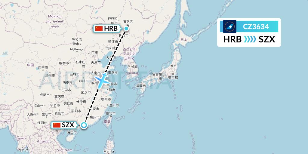 CZ3634 China Southern Airlines Flight Map: Harbin to Shenzhen