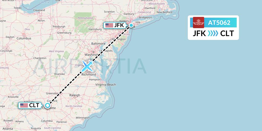 AT5062 Royal Air Maroc Flight Map: New York to Charlotte