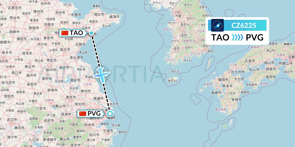 CZ6225 China Southern Airlines Flight Map: Qingdao to Shanghai