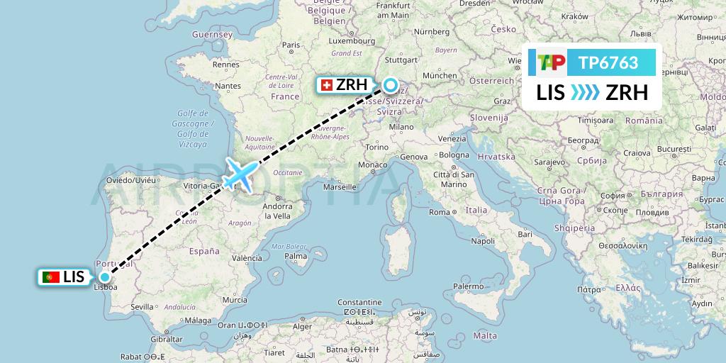 TP6763 TAP Portugal Flight Map: Lisbon to Zurich