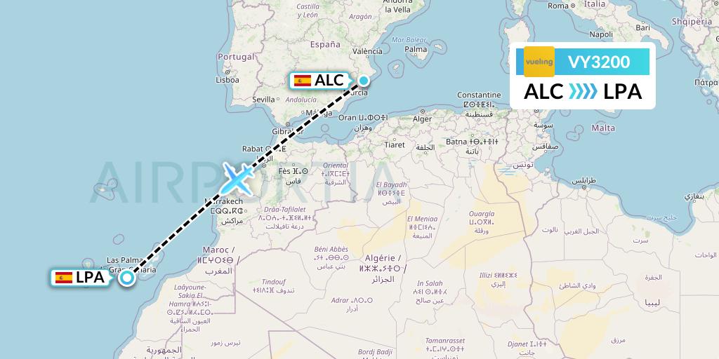 VY3200 Vueling Flight Map: Alicante to Las Palmas