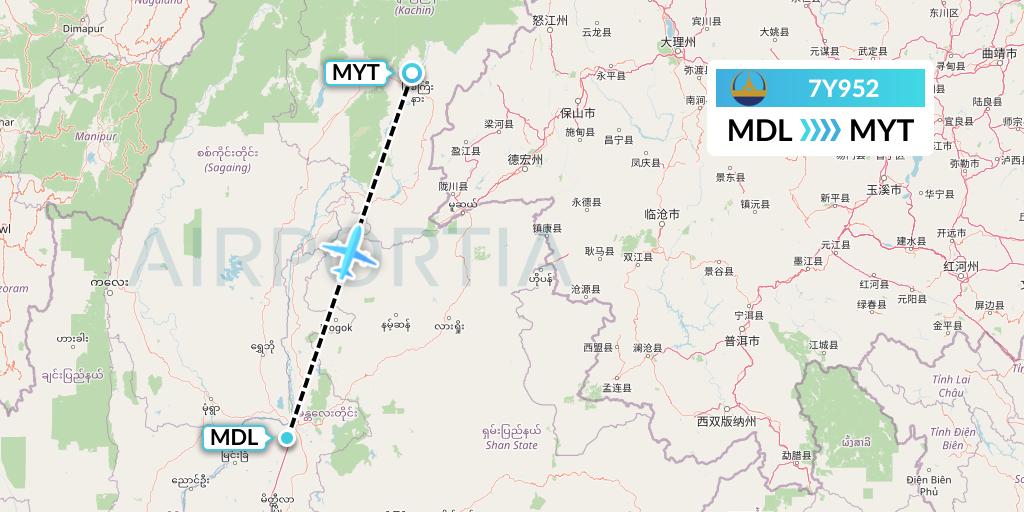 7Y952 Mann Yadanarpon Airlines Flight Map: Mandalay to Myitkyina