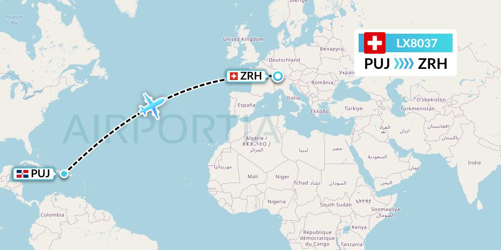 LX8037 Swiss Flight Map: Punta Cana to Zurich