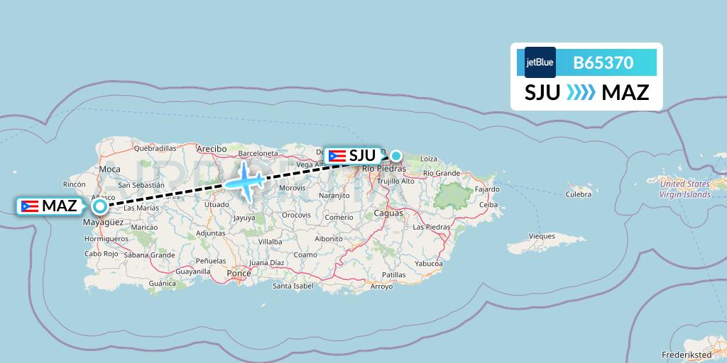 B65370 JetBlue Airways Flight Map: San Juan to Mayaguez