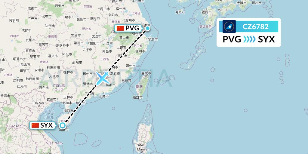 CZ6782 China Southern Airlines Flight Map: Shanghai to Sanya