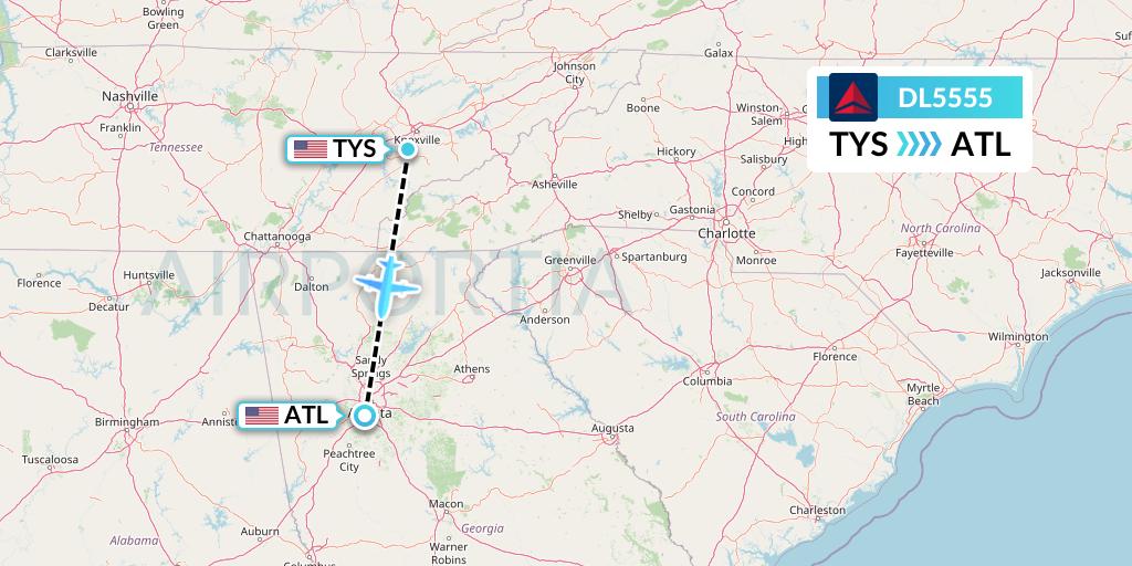 DL5555 Delta Air Lines Flight Map: Knoxville to Atlanta
