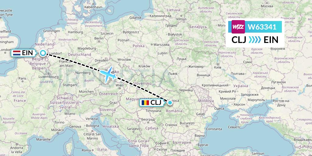 W63341 Wizz Air Flight Map: Cluj-Napoca to Eindhoven