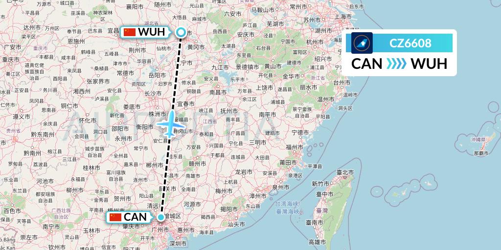 CZ6608 China Southern Airlines Flight Map: Guangzhou to Wuhan