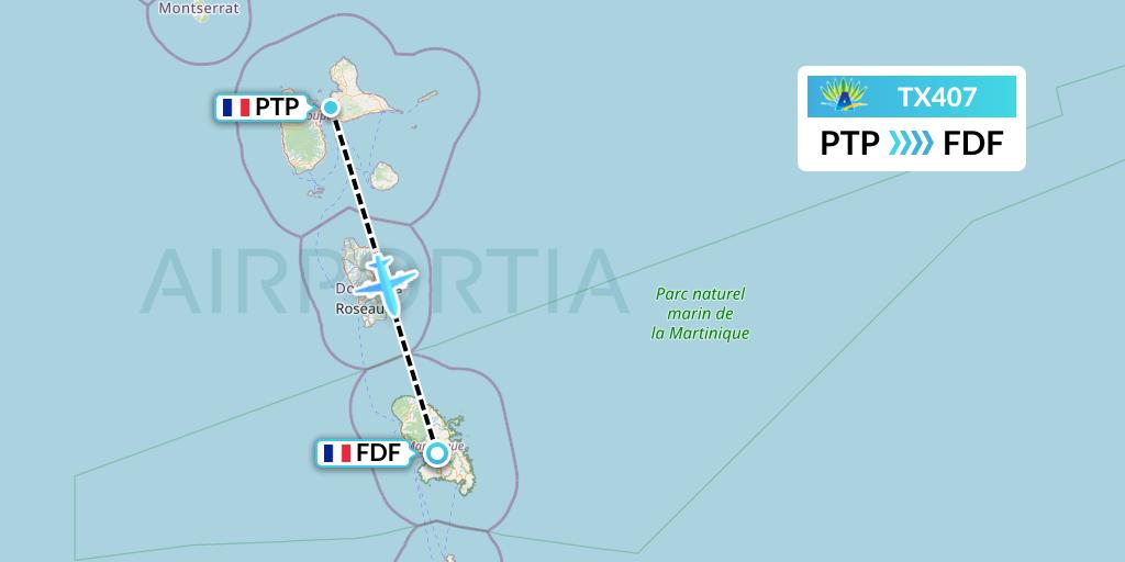 TX407 Air Caraibes Flight Map: Pointe-a-Pitre to Fort-de-France