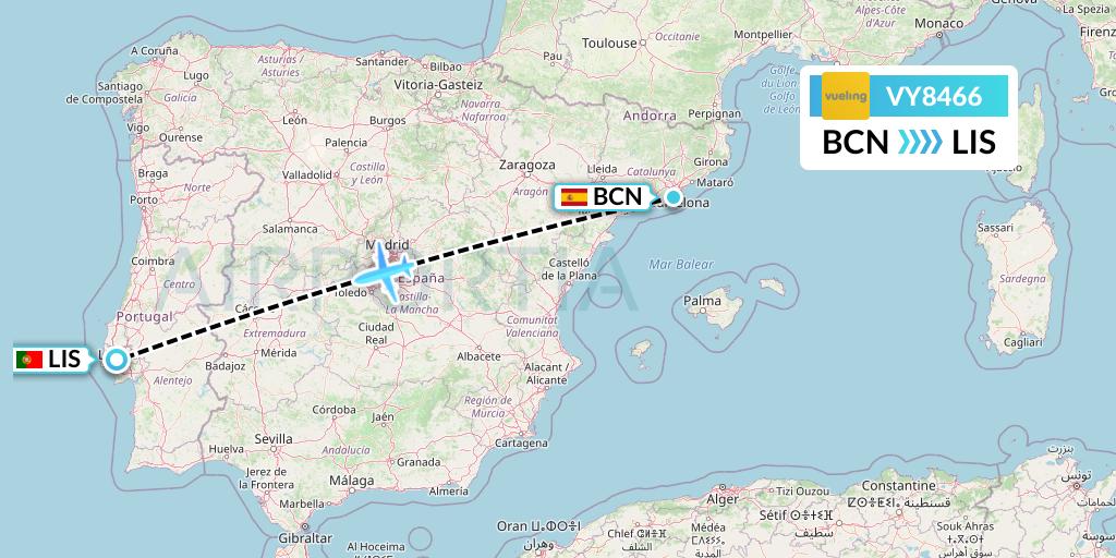 VY8466 Vueling Flight Map: Barcelona to Lisbon