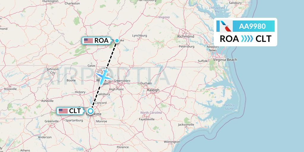 AA9980 American Airlines Flight Map: Roanoke to Charlotte