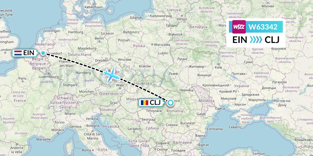 W63342 Wizz Air Flight Map: Eindhoven to Cluj-Napoca