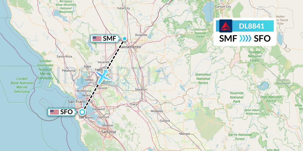 DL8841 Delta Air Lines Flight Map: Sacramento to San Francisco