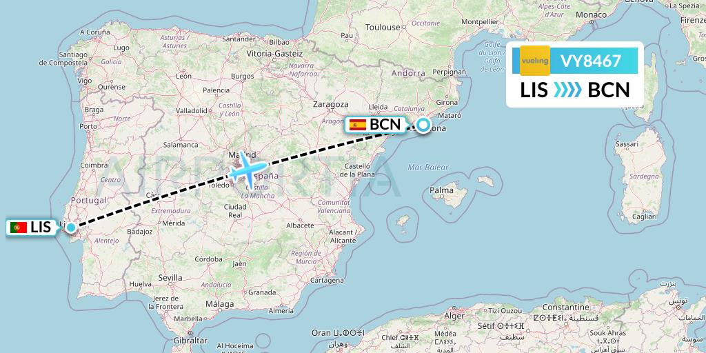 VY8467 Vueling Flight Map: Lisbon to Barcelona