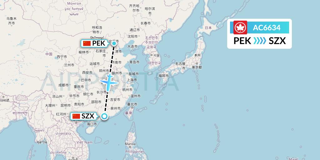 AC6634 Air Canada Flight Map: Beijing to Shenzhen