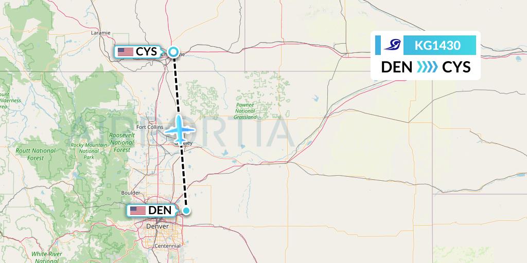 KG1430 Key Lime Air Flight Map: Denver to Cheyenne