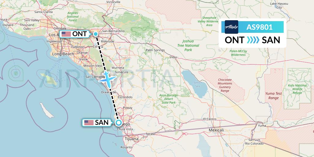 AS9801 Alaska Airlines Flight Map: Ontario to San Diego