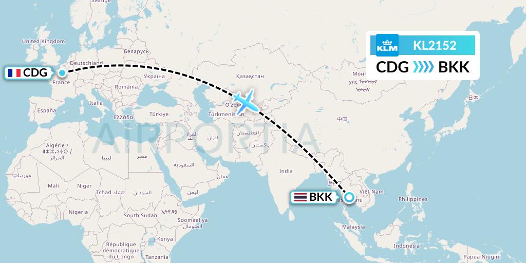 KL2152 KLM Flight Map: Paris to Bangkok