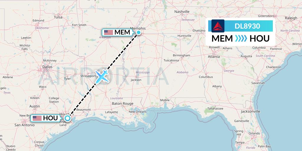 DL8930 Delta Air Lines Flight Map: Memphis to Houston