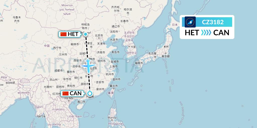CZ3182 China Southern Airlines Flight Map: Hohhot to Guangzhou