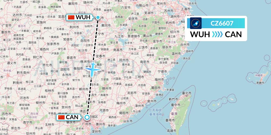 CZ6607 China Southern Airlines Flight Map: Wuhan to Guangzhou