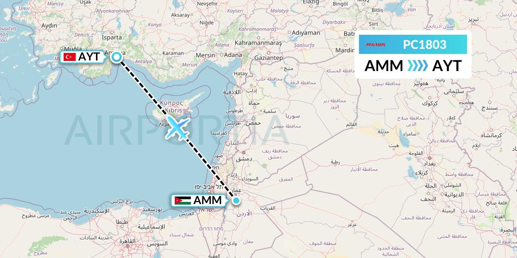 PC1803 Pegasus Airlines Flight Map: Amman to Antalya