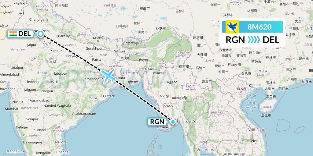 8M620 Myanmar Airways International Flight Map: Yangon to Delhi