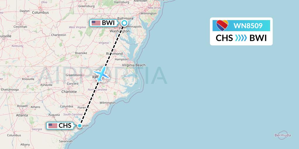 WN8509 Southwest Airlines Flight Map: Charleston to Baltimore