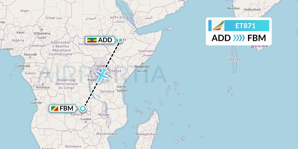 ET871 Ethiopian Airlines Flight Map: Addis Ababa to Lubumbashi