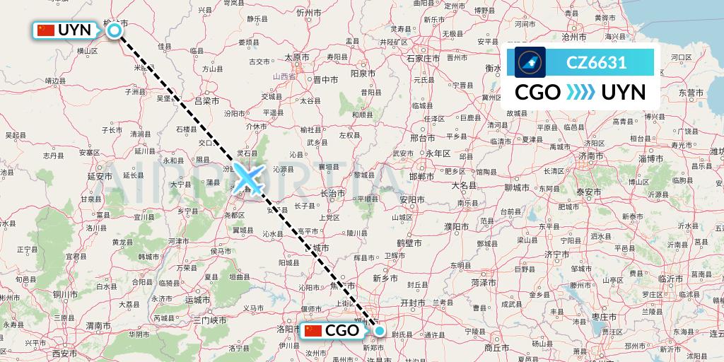 CZ6631 China Southern Airlines Flight Map: Zhengzhou to Yulin