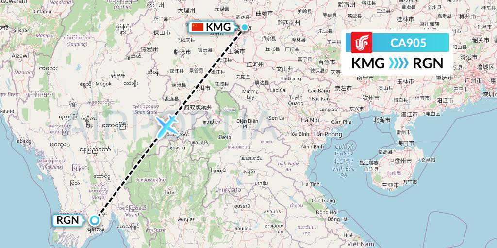 CA905 Air China Flight Map: Kunming to Yangon