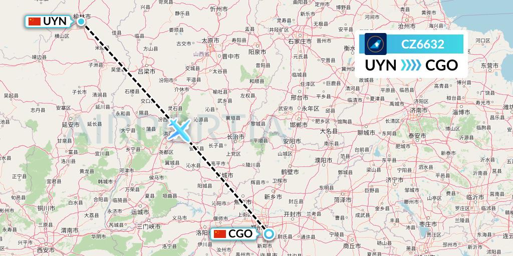 CZ6632 China Southern Airlines Flight Map: Yulin to Zhengzhou